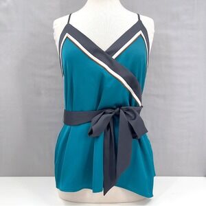 LOFT Womens Teal Faux Wrap Camisole Top Striped Trim Tie Waist Size Small